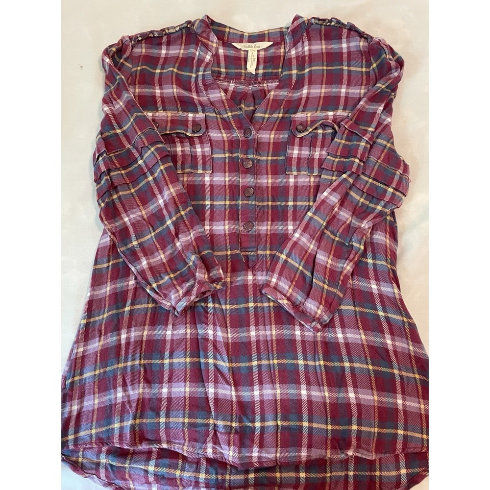 Matilda Jane Multicolor Plaid purple Top tunic Shirt Size Small Rayon ruffled